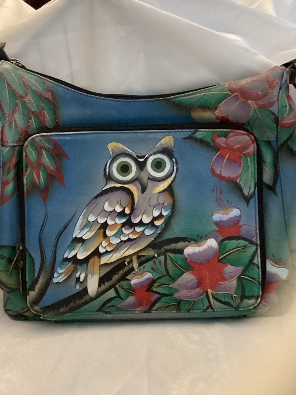 Anna (AnuschkaHand-Painted Blue Owl Shoulder Bag with